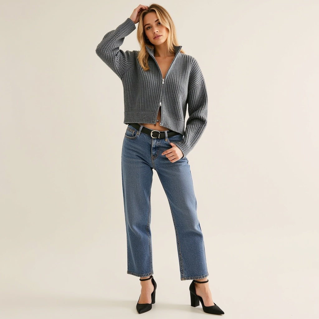 Damen Strickjacke – Hochwertiger Strick, Doppelzipp, Klassisches Design-5