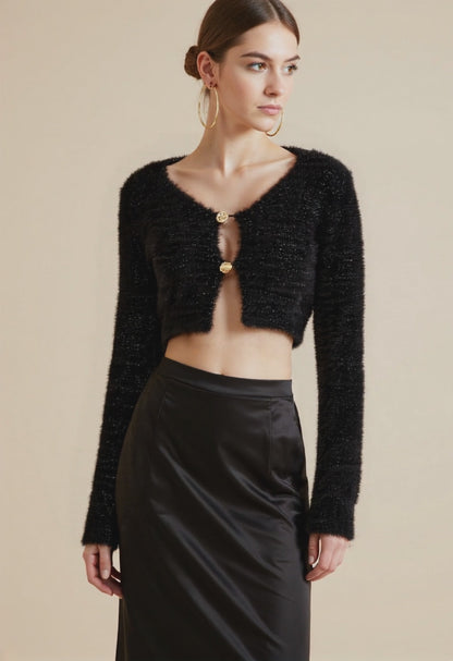 Women's Crop Cardigan – Fuzzy Material, Button Placket, Warm and Cozy