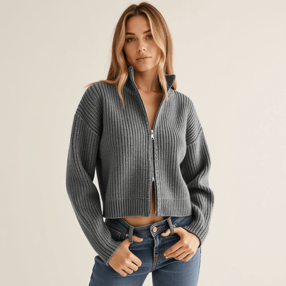 Damen Strickjacke – Hochwertiger Strick, Doppelzipp, Klassisches Design-4